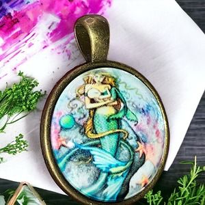 Mermaid Illustration Bronze Round 1.25" Pendant!
